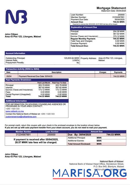 Realistic Malawi National Bank of Malawi mortgage statement Word and PDF template
